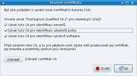 Dialog pro nastavení účelů uznávání při instalaci certifikátu certifikační autority